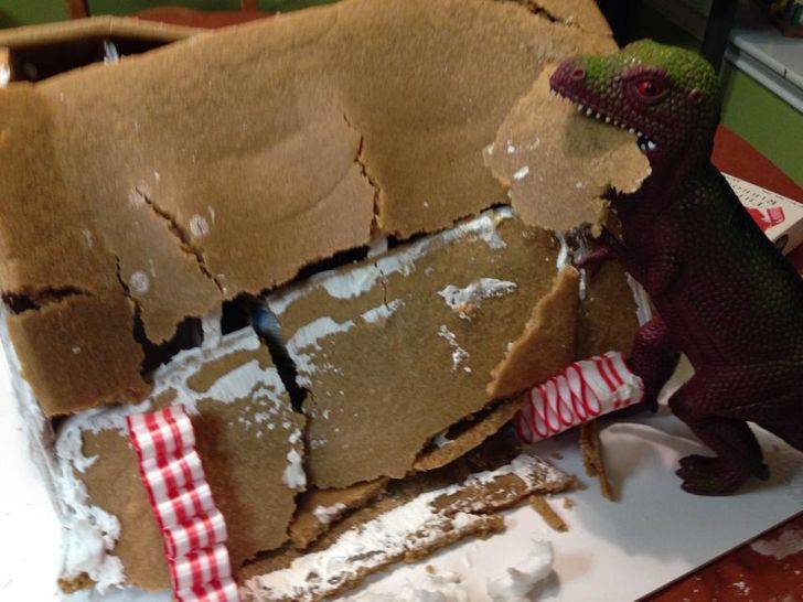 gingerbread house destroyed by dino
