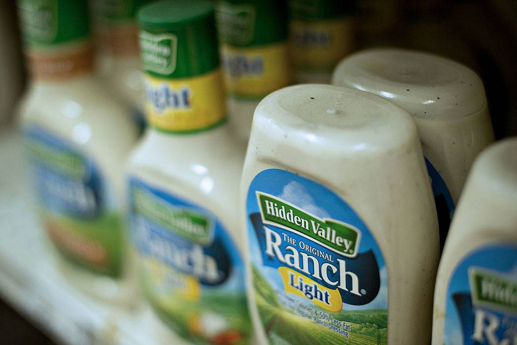 Bottles of Clorox Co. Hidden Valley brand ranch salad dressing sit on display for sale at a supermarket