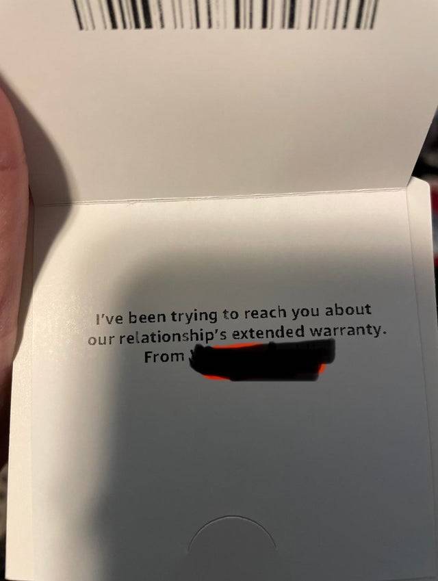 Amazon package with personalized message: I've been trying to reach you about our relationship's extended warranty. From [redacted]