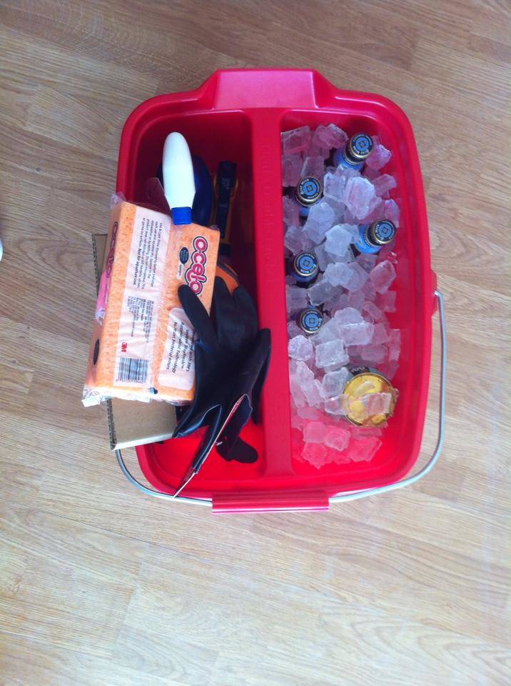 Beer in cleaning container with household cleaning products