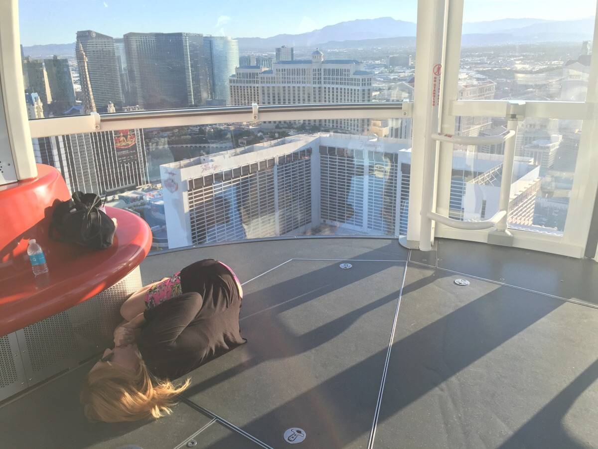 Woman afraid of heights in giant Ferris Wheel in Las Vegas