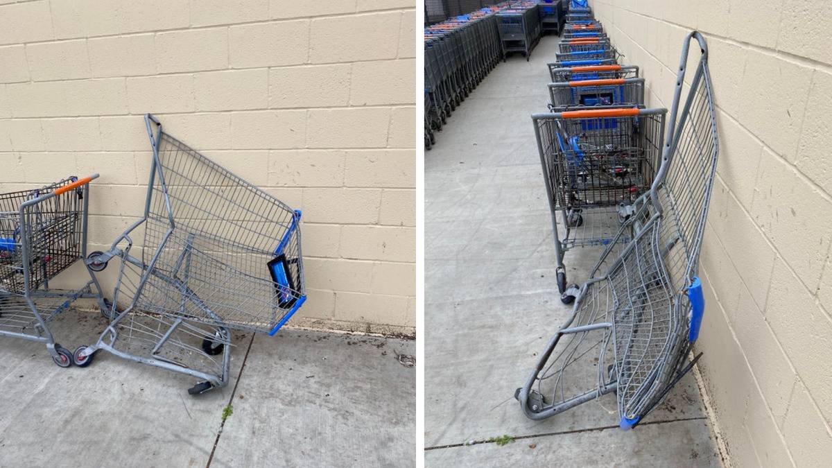 Shopping cart against a wall that turns out to be flat.