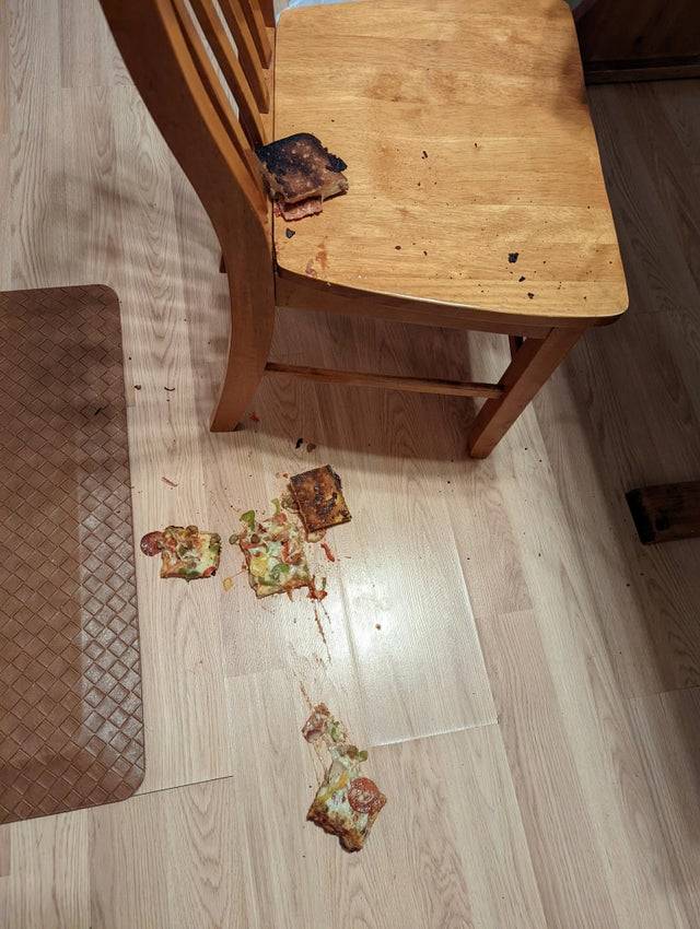 Cheese toast fallen off of a plate and onto the ground. 