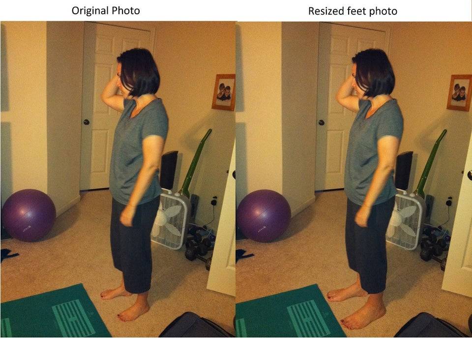 Woman standing in a room on the left and the same picture on the right only she has bigger feet