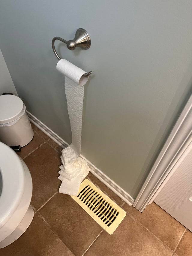 Toilet paper unspooled from floor vent