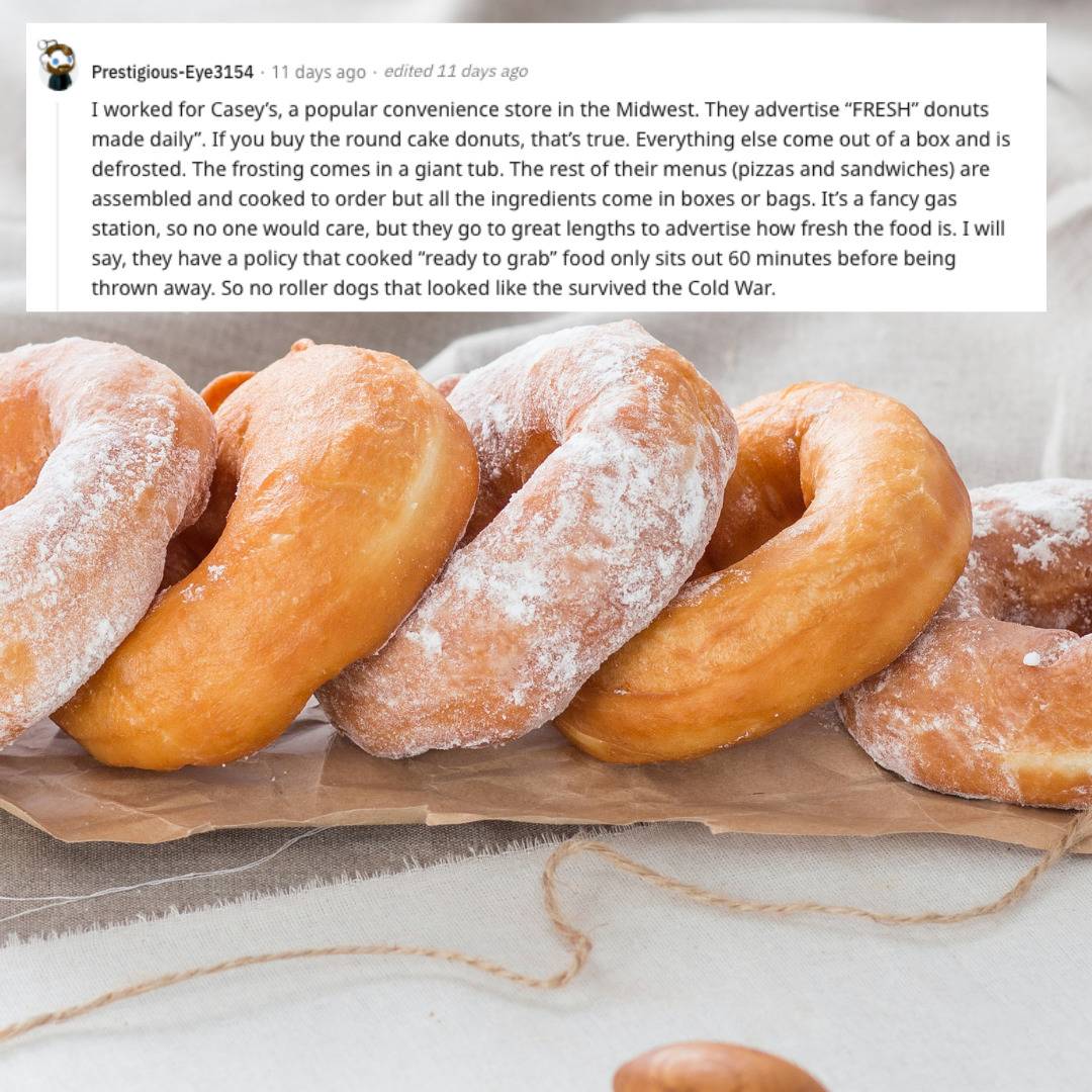 Lineup of donuts. Comment that the fresh donuts are not always fresh.