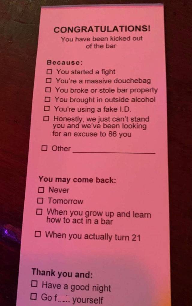 Slip that a bar gives to people who were kicked out.