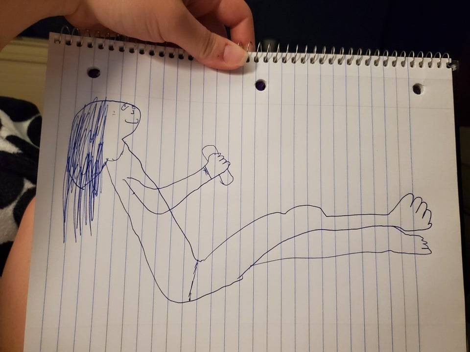Man's drawing of his wife on the couch 