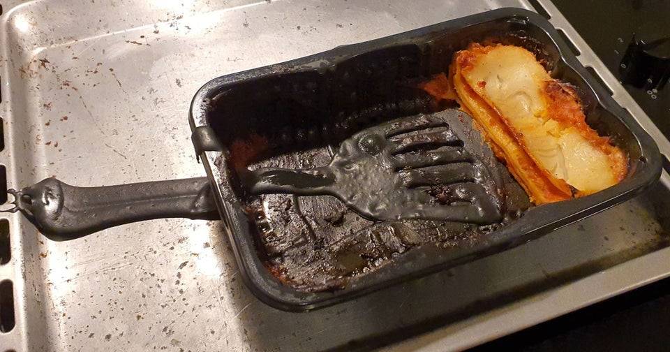 Melted spatula in a lasagna dish. 