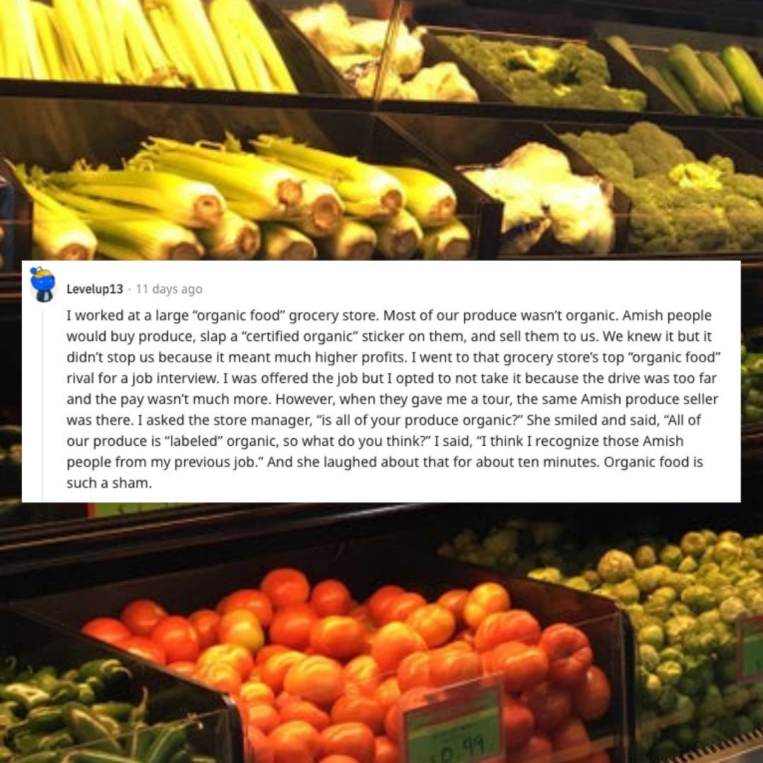 Produce wall in grocery store. Comment saying how organic produce is often just labeled that way.