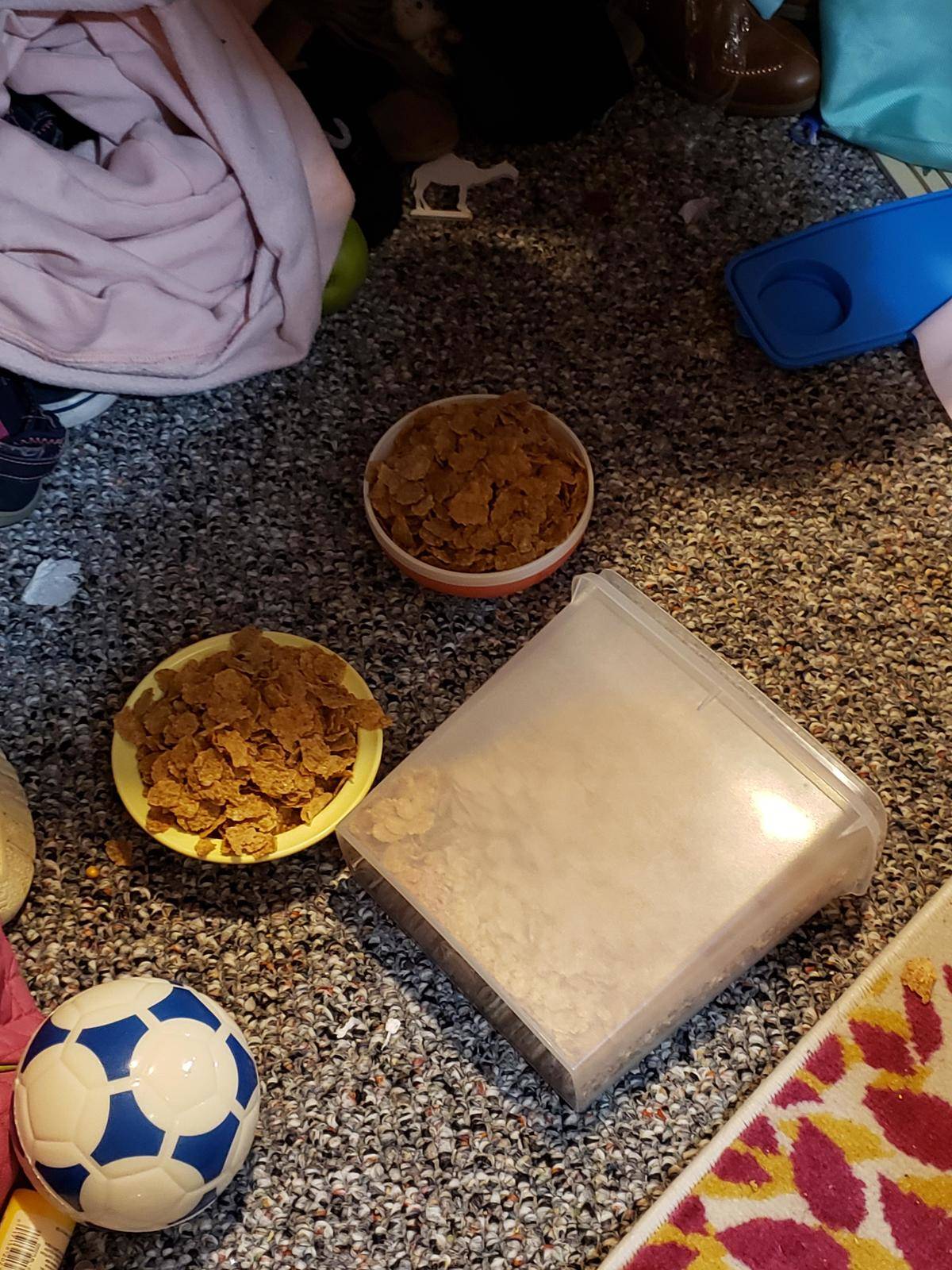 Two bowls or bran cereal and the container of it lying on its side