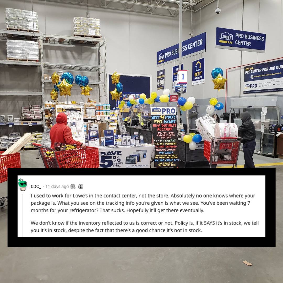 Checkout line in a Lowes store. Comment that nobody can track a package.