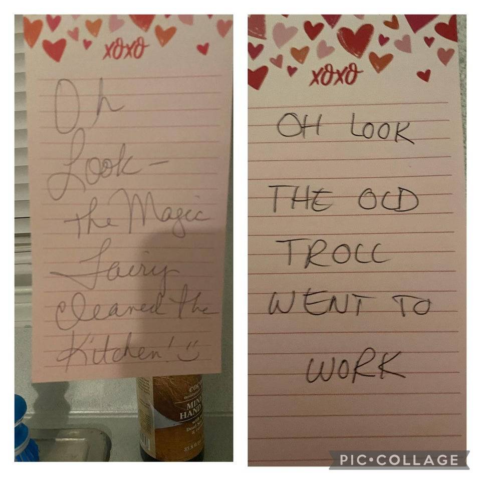 Notes that two people left each other about cleaning up.