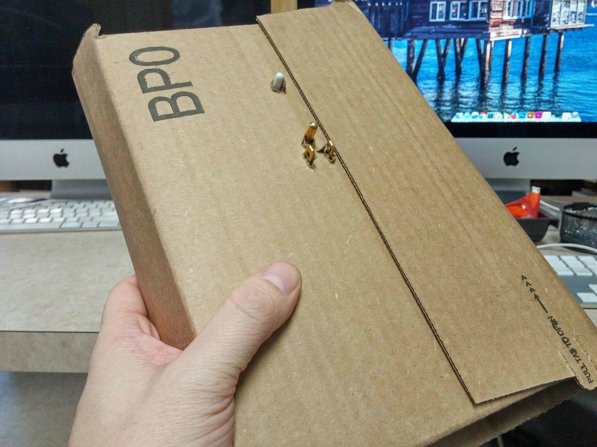 Outlet adapter poking through Amazon packaging