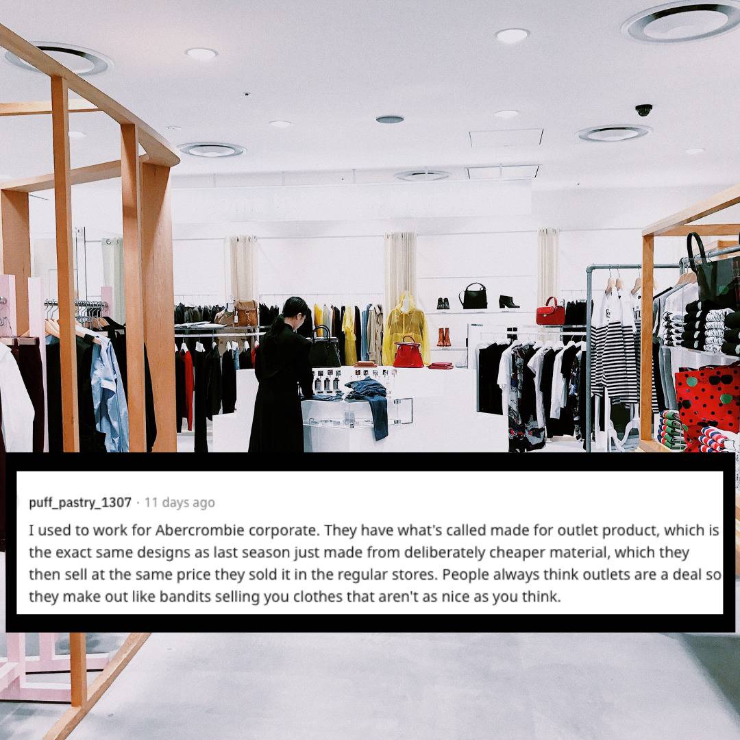 Inside of a clothing store. Comment that outlet stores sell lower quality fabric shirts.
