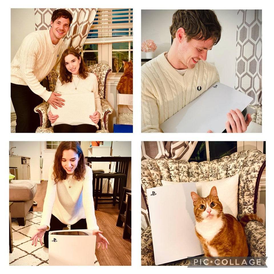Boyfriend and girlfriend do a fake maternity/newborn photoshoot with their new PlayStation 5.