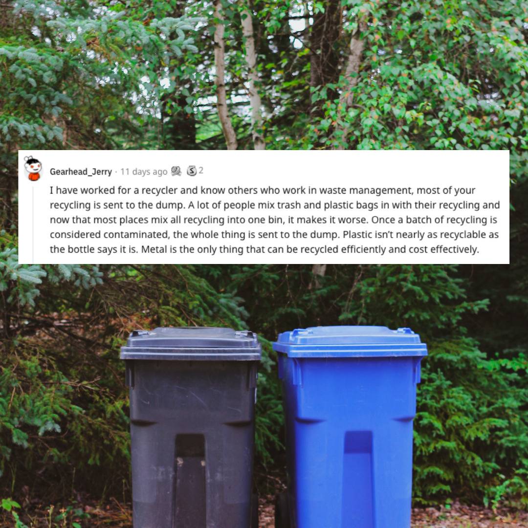 Garbage and recycling bin. Comment that most recycling gets sent to landfill.