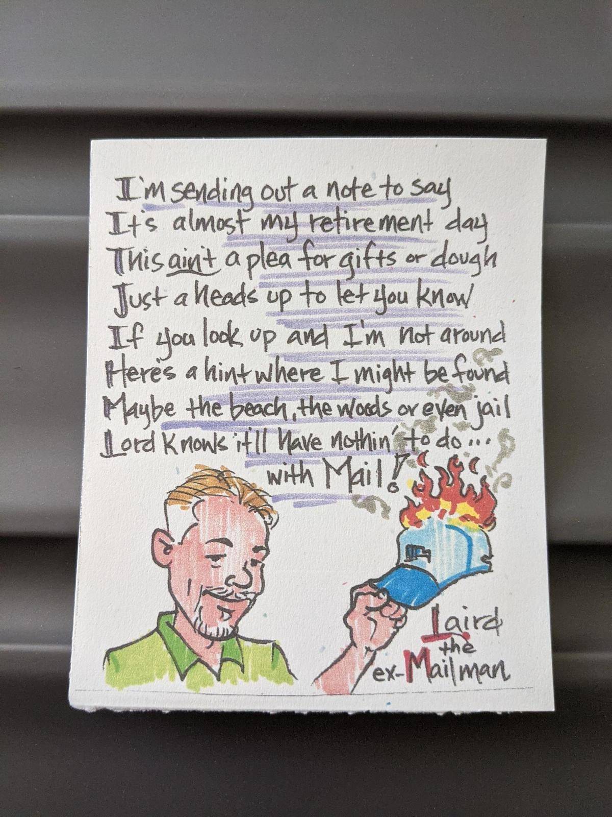 Note from mailman who is retiring with hand drawn note
