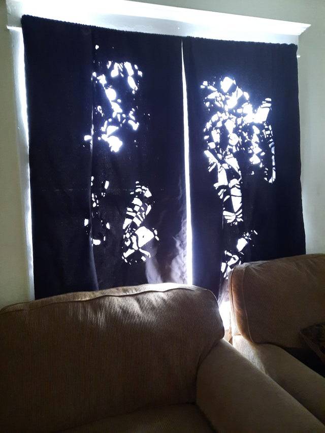 Blackout blinds with many tatters in them
