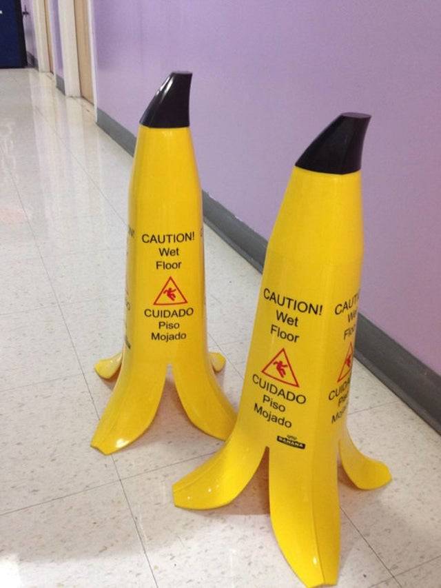 Wet floor sign made to look like banana peels