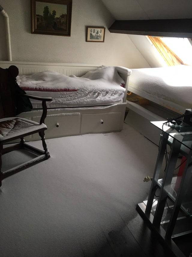 Snow-covered bedroom