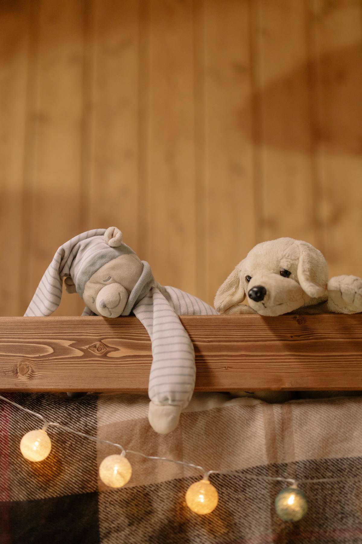 Stuffed animals of a bear and a puppy leaning off a fence