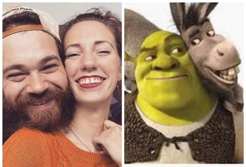 Side by side selfie photo of couple and Shrek and Donkey