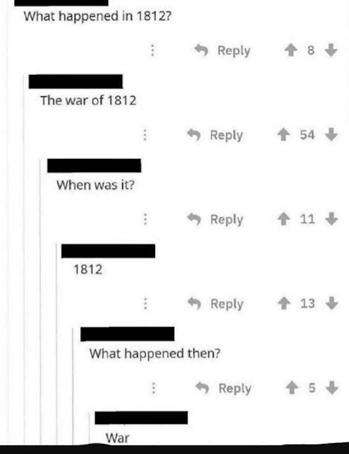 Reddit user asks people what happened during the War of 1812.