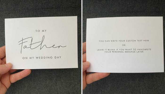 Wedding card for father, but the inside has instructional text instead of being blank.