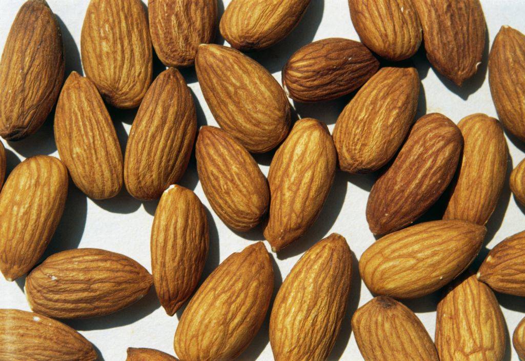 almonds spread around a white background