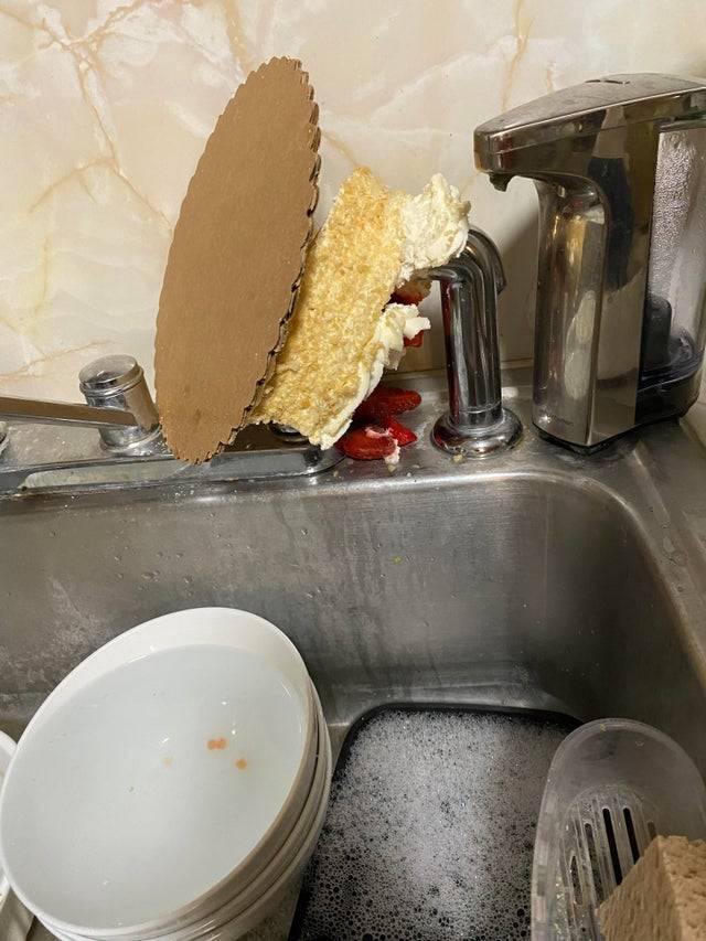 cake on sink but will still eat