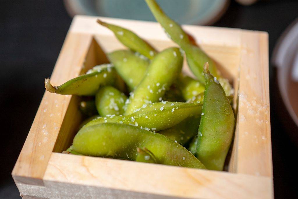 edamame in a wooden box
