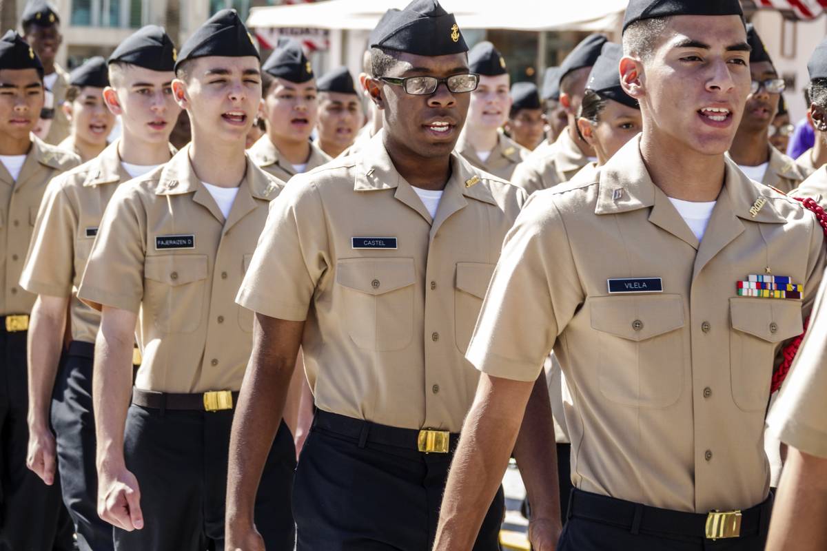 Miami Beach, Veterans Day Parade, NJROTC students marching in uniforms