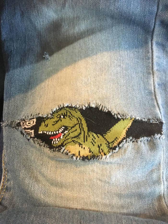 patched a sock into jeans