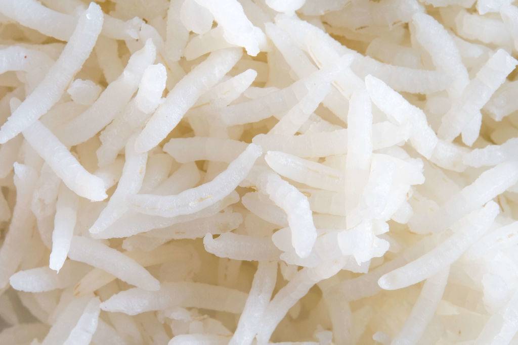 Cooked white rice full frame close up