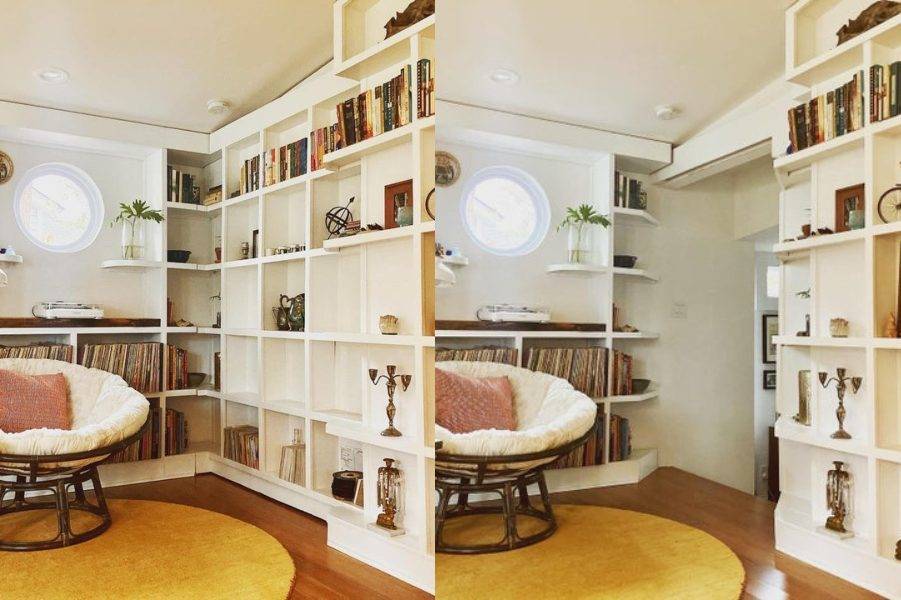 sunken room behind book shelves