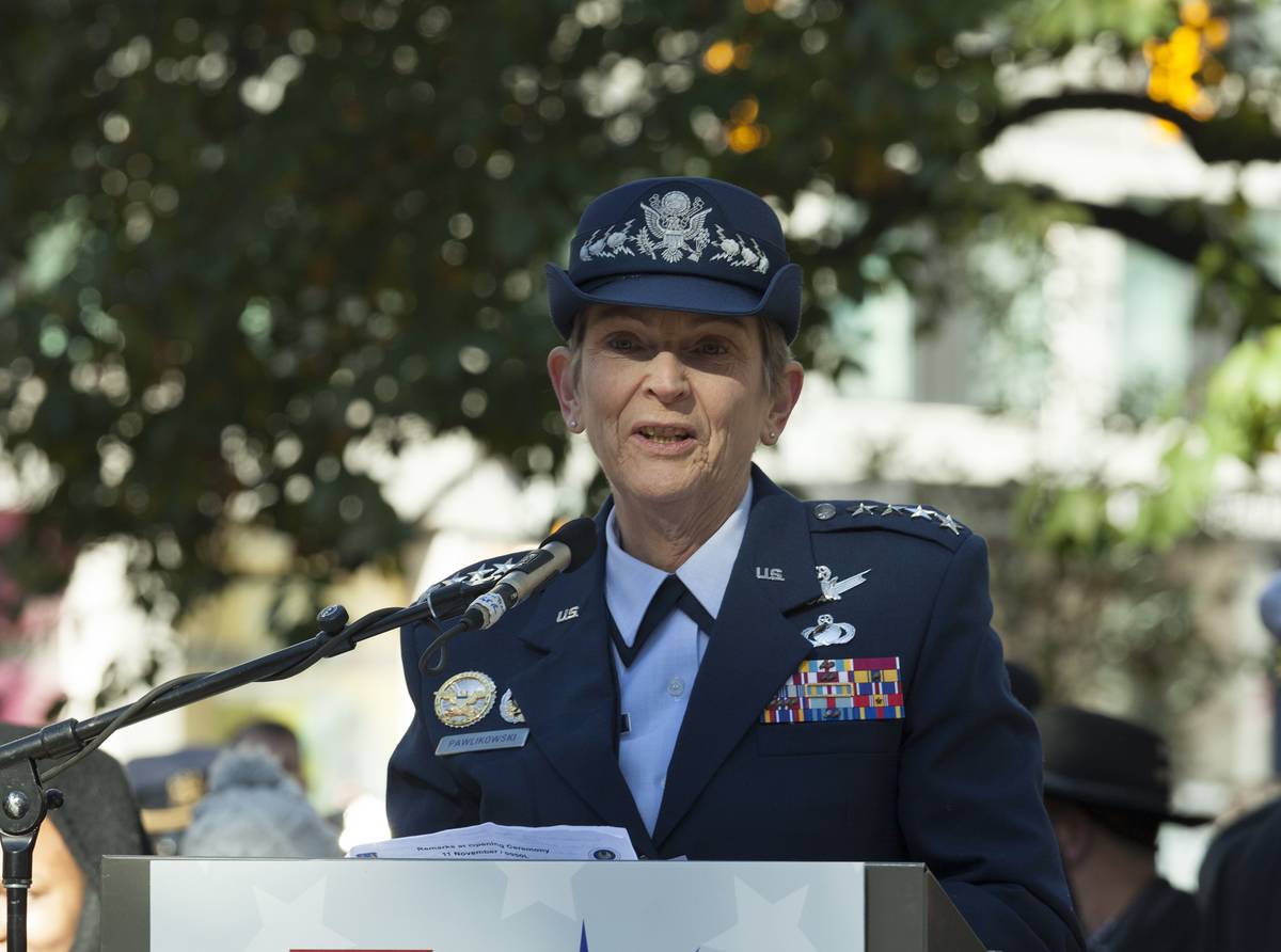 US Air Force General Ellen Pawlikowski speaks at ceremony...