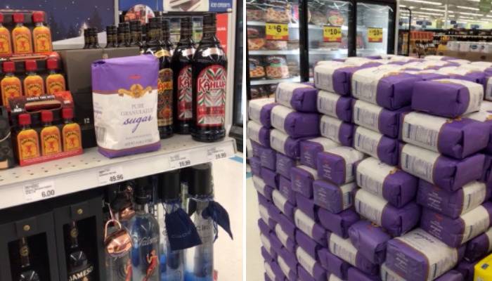Container of sugar on a grocery store shelf filled with alcohol, while the display of sugar was just across the aisle.