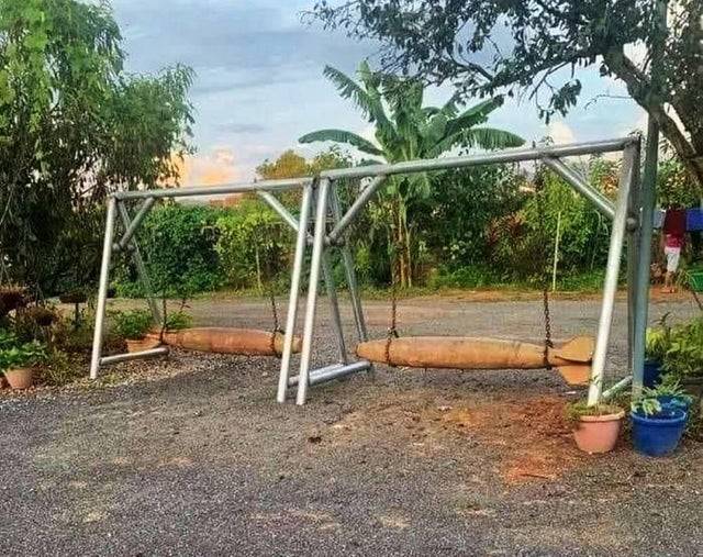 Bombs turned into seats of swings