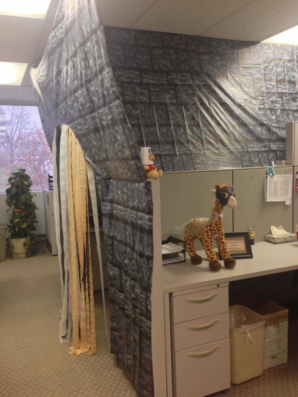 Cubicle decorated to look like a castle.
