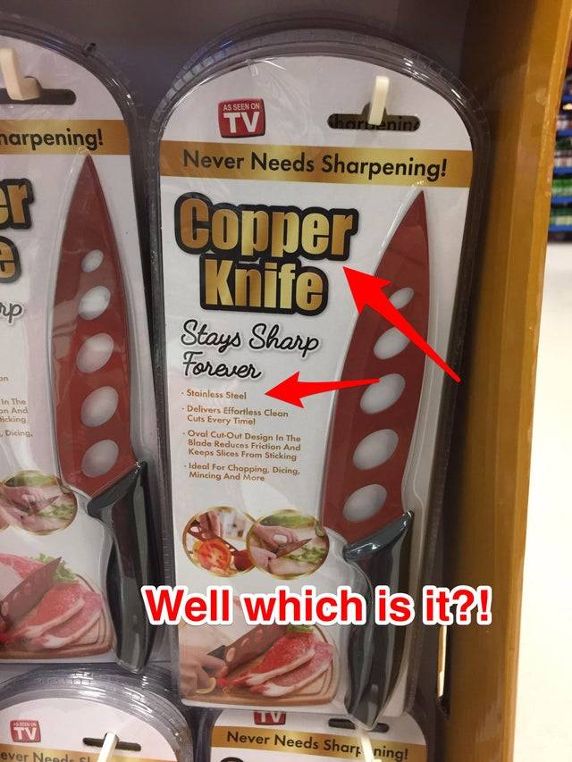 Stainless steel and copper knife label on package