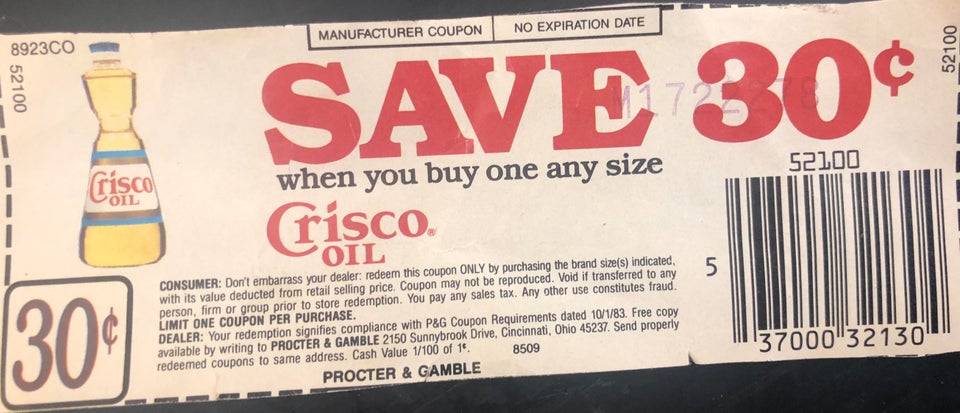 A Crisco coupon for $0.30 off the product that's from 1987.