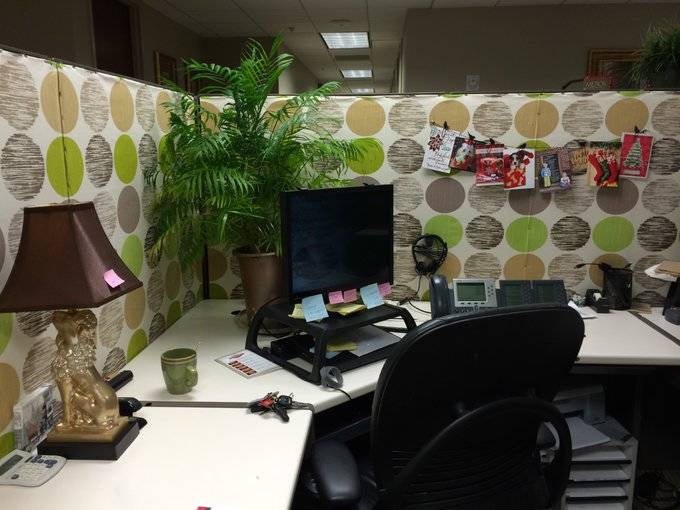 Cubicle decorated with curtains