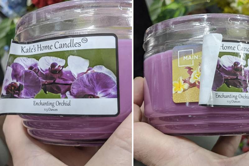 Candle with fake homemade sticker