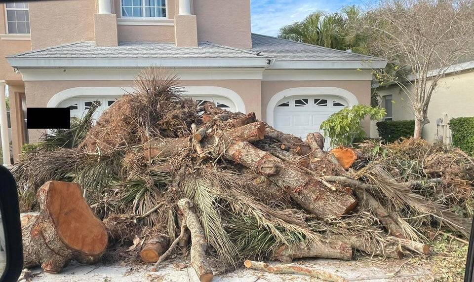A large pile of dirt and tree debris on a home driveway.