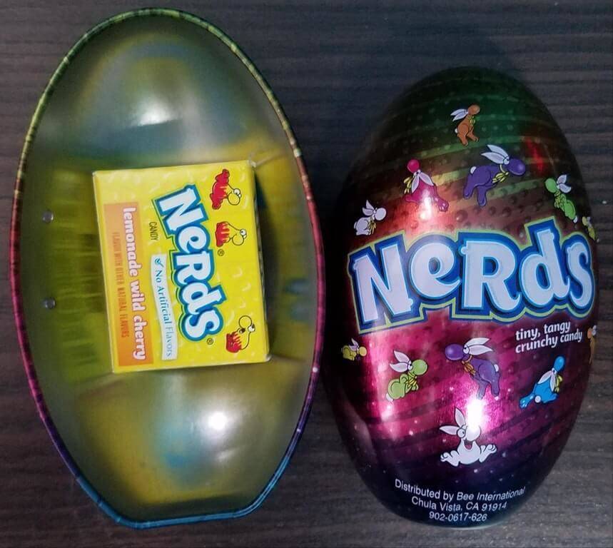 giant metal egg containing box of nerds candy