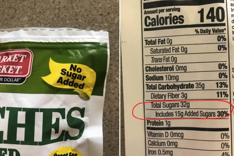 Bag that says no suggar added and then added sugars on nutrients facts
