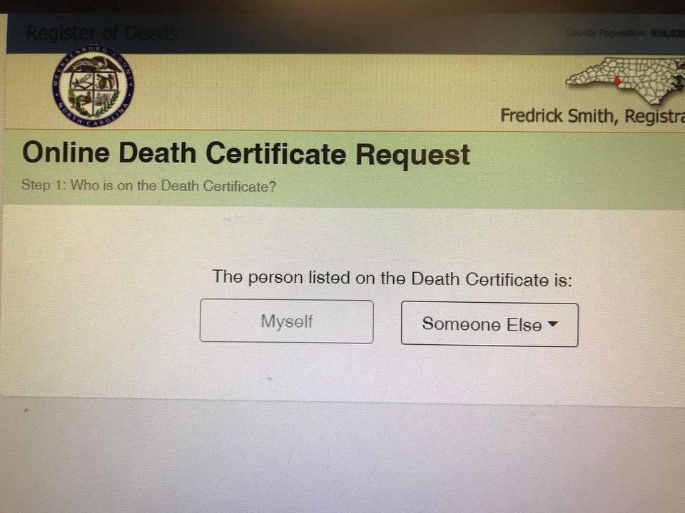 An online death certificate form that has two options, one where a person can list themselves or someone else. 