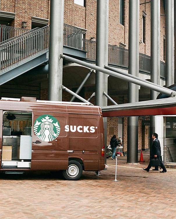 Open Starbucks van that spells sucks when the door is open