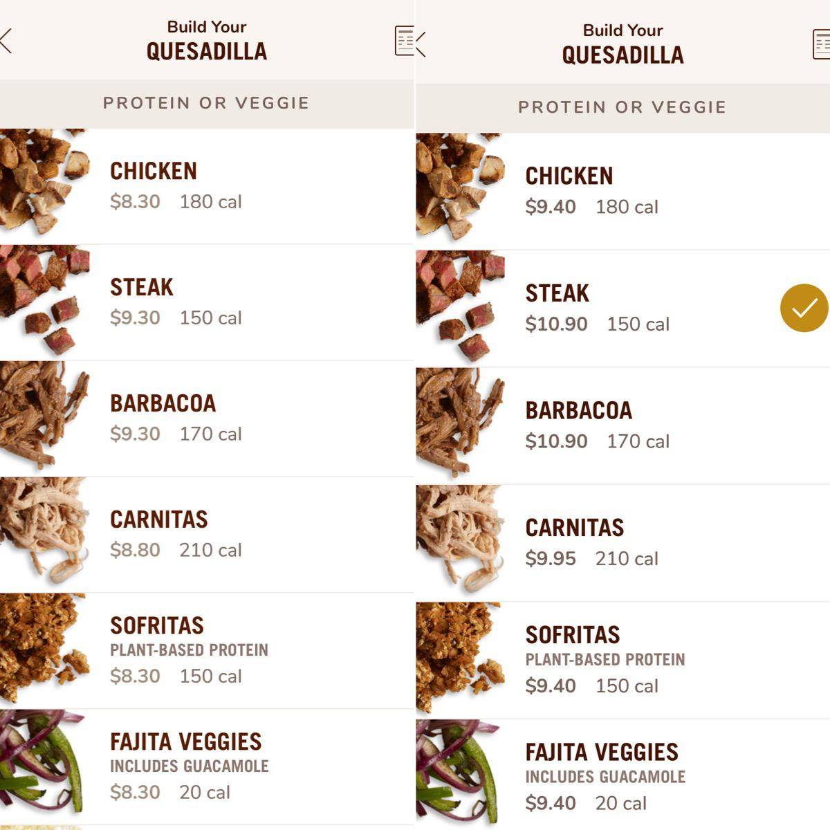 Chipotle surge pricing on delivery menu